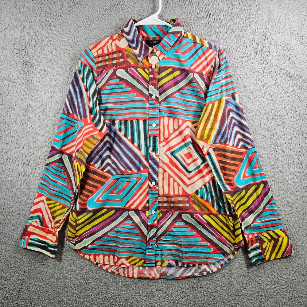 J Crew Shirt Top Women Small Button Up Long Sleeve Fun Geometric Print Colorful
